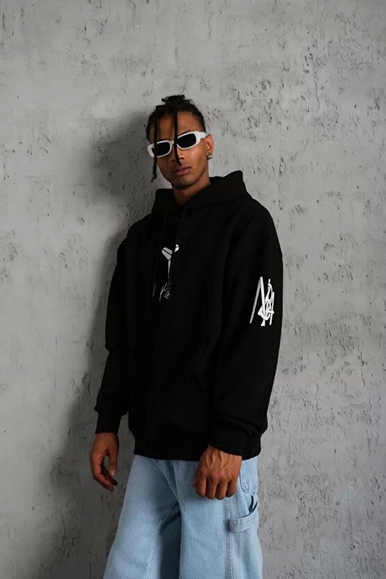 Erkek Baskılı Kapüşonlu Sweat - Siyah