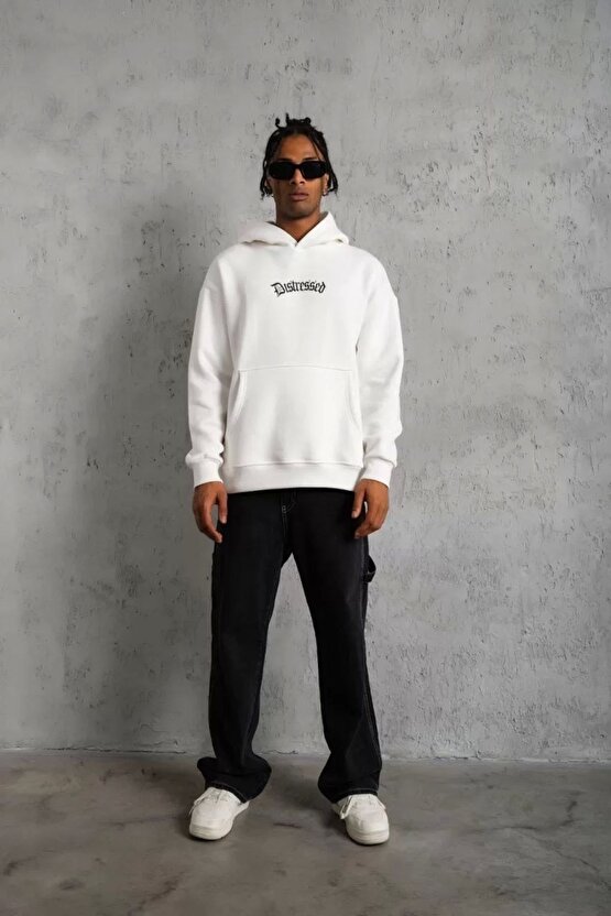 Erkek Üç İplik Baskılı Kapüşonlu Sweat - Beyaz