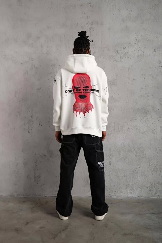 Erkek Maske Baskılı Kapüşonlu Sweat - Beyaz