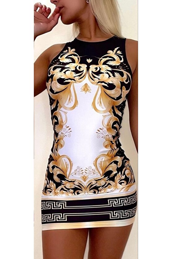 Moda Shop & Butik Kadın Sıfır Kollu Bisiklet Yaka Dijital Baskı Dalgıç Mini Elbise