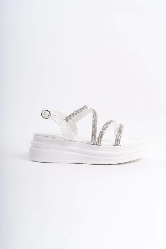 RILEY İnce Tokalı Taşlı Şeritli Ortopedik Taban Kadın Sandalet CBT - Beyaz