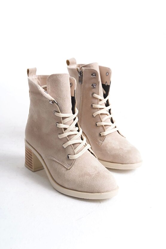 LENA Bağcıklı Fermuarlı Ortopedik Taban Topuklu Süet Kadın Bot - Ten