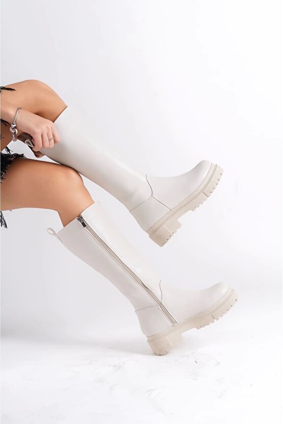 Mıra Bağcıksız Fermuarlı Ortopedik Taban Kadın Çizme Ckt - Krem