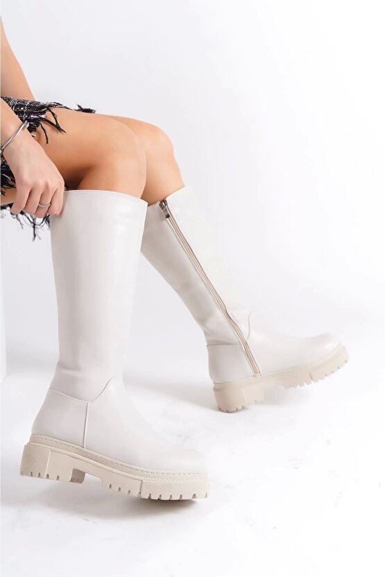 Mıra Bağcıksız Fermuarlı Ortopedik Taban Kadın Çizme Ckt - Krem