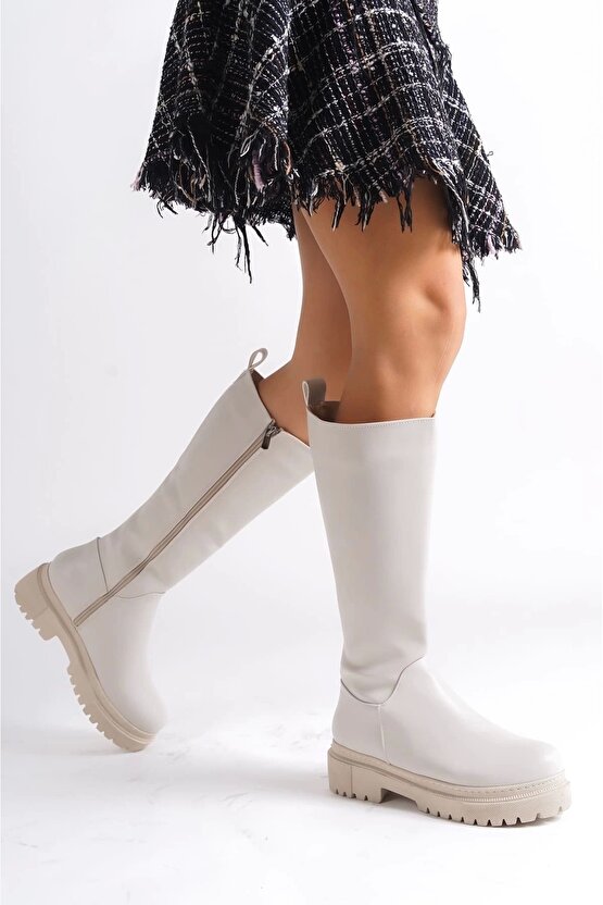 Mıra Bağcıksız Fermuarlı Ortopedik Taban Kadın Çizme Ckt - Krem