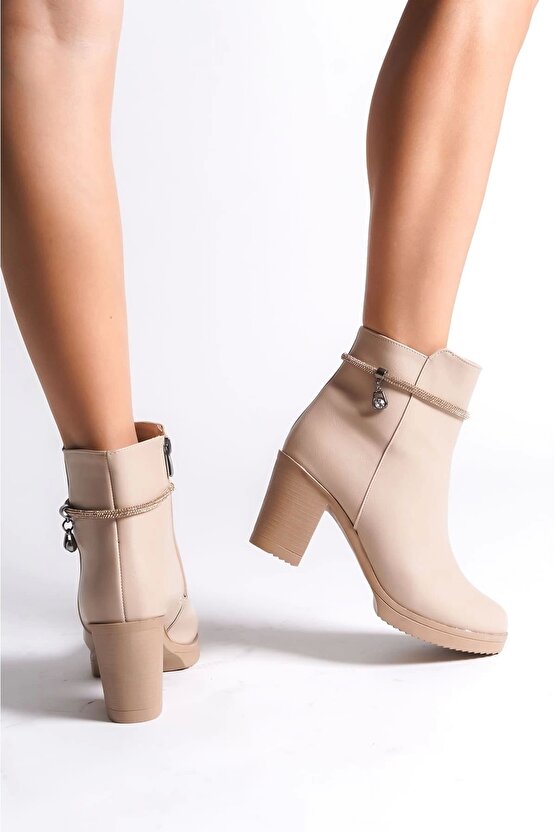 Arıa Fermuarlı Ortopedik Taban Taşlı Topuklu Kadın Bot Ctt - Ten