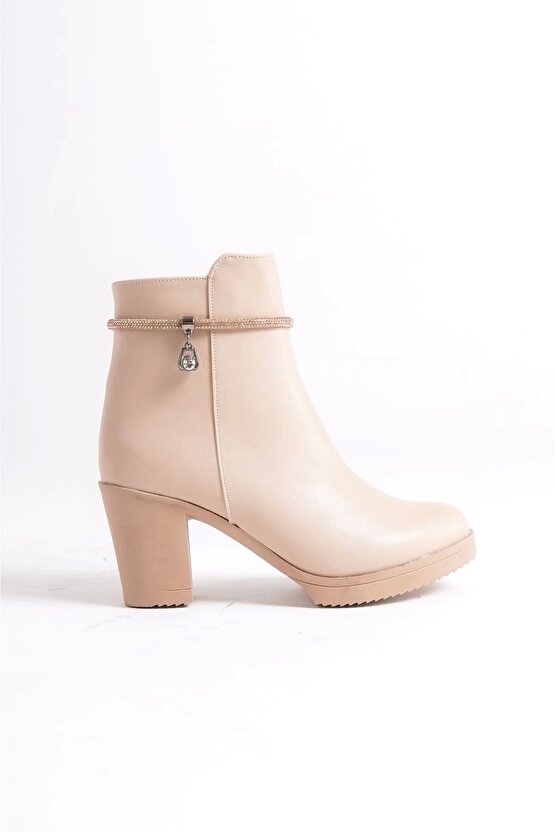 Arıa Fermuarlı Ortopedik Taban Taşlı Topuklu Kadın Bot Ctt - Ten