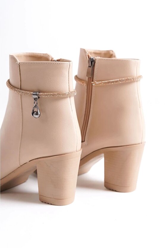 Arıa Fermuarlı Ortopedik Taban Taşlı Topuklu Kadın Bot Ctt - Ten