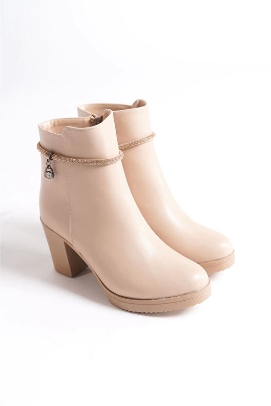 Arıa Fermuarlı Ortopedik Taban Taşlı Topuklu Kadın Bot Ctt - Ten