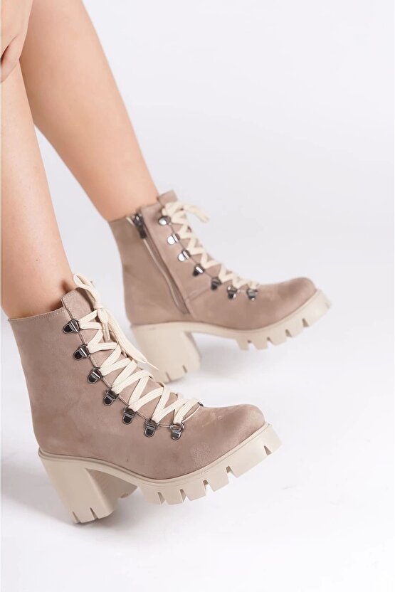 EMMA Bağcıklı Fermuarlı Ortopedik Taban Topuklu Süet Kadın Bot - Ten