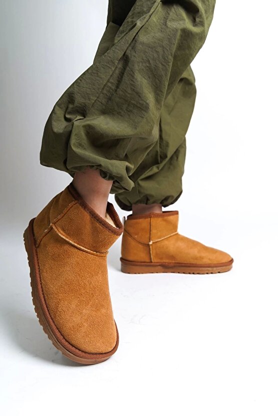 JOLIE Bağcıksız Düz Taban İçi Kürklü Kısa Süet Kadın Bot - Taba