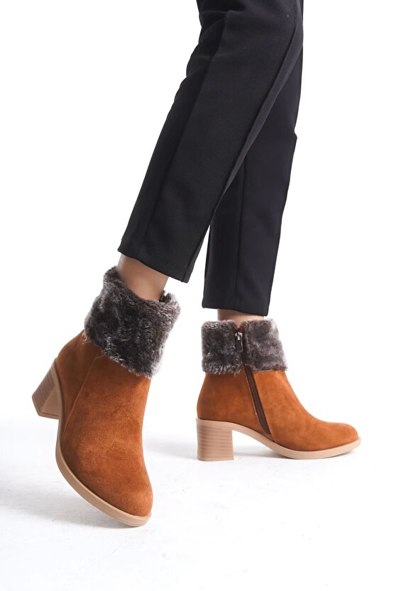 KATYA Fermuarlı Ortopedik Taban Topuklu Kürk Detaylı Süet Kadın Bot STT - Taba