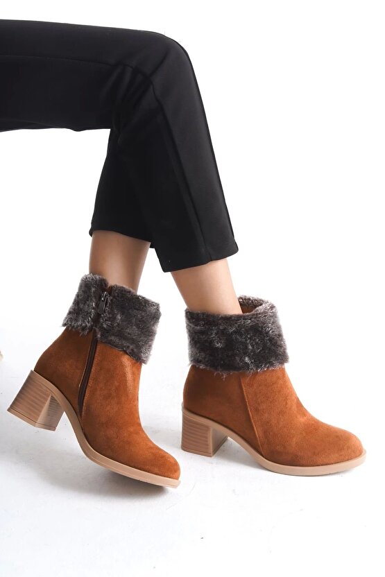 KATYA Fermuarlı Ortopedik Taban Topuklu Kürk Detaylı Süet Kadın Bot STT - Taba