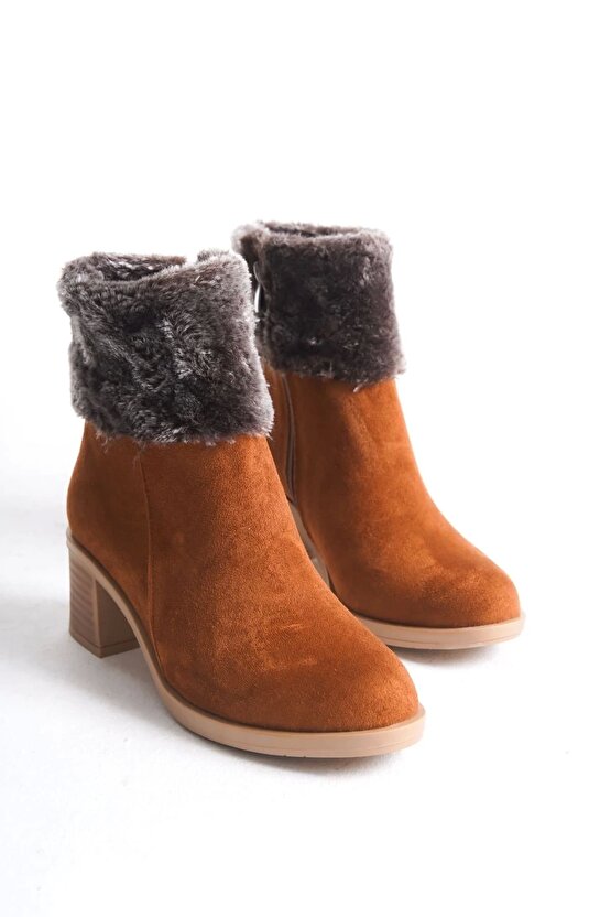 KATYA Fermuarlı Ortopedik Taban Topuklu Kürk Detaylı Süet Kadın Bot STT - Taba