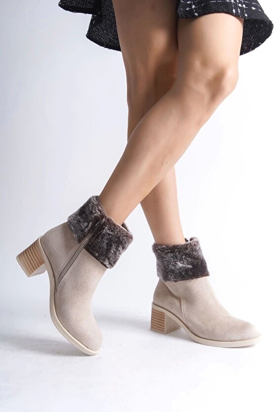 KATYA Fermuarlı Ortopedik Taban Topuklu Kürk Detaylı Süet Kadın Bot - Ten