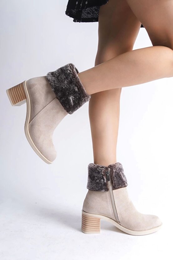 KATYA Fermuarlı Ortopedik Taban Topuklu Kürk Detaylı Süet Kadın Bot - Ten