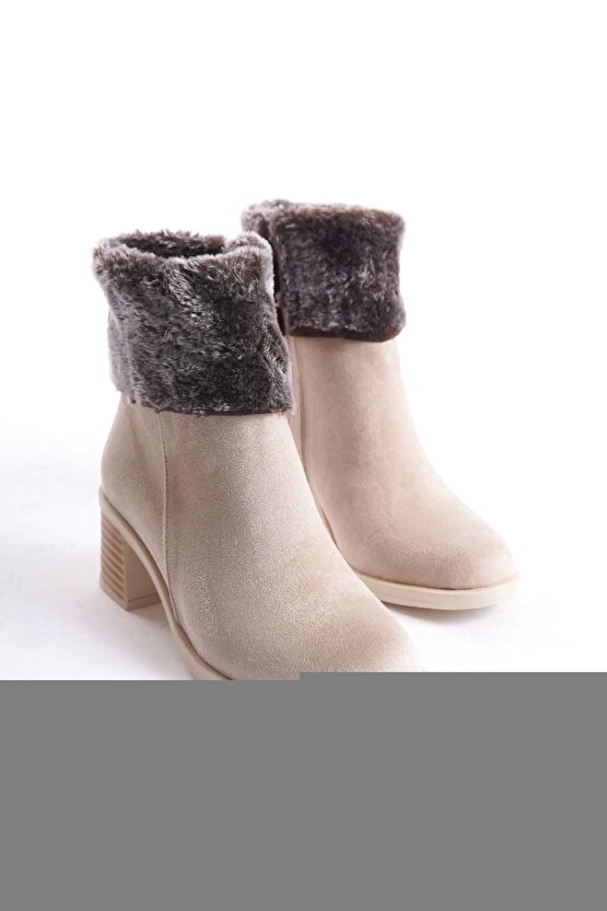 KATYA Fermuarlı Ortopedik Taban Topuklu Kürk Detaylı Süet Kadın Bot - Ten