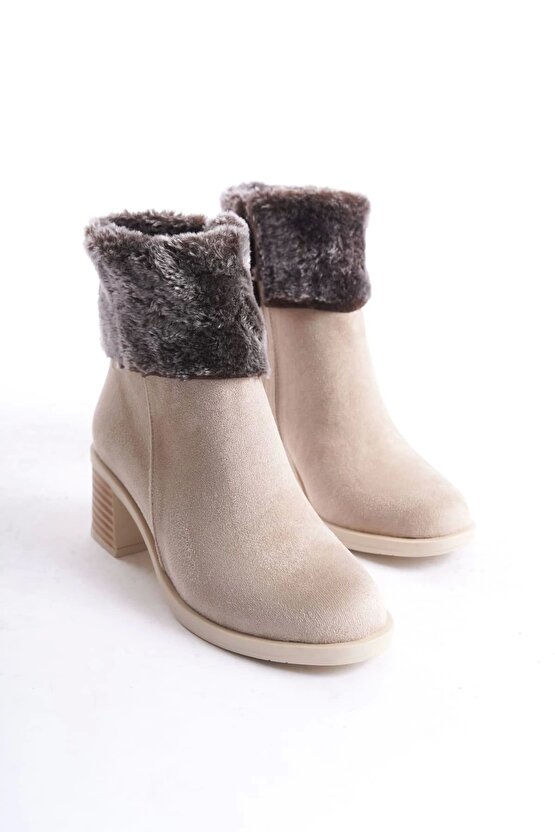 KATYA Fermuarlı Ortopedik Taban Topuklu Kürk Detaylı Süet Kadın Bot - Ten