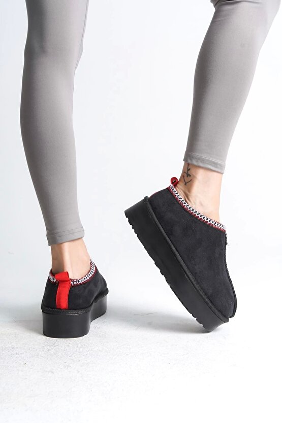 Leıla Bağcıksız Düz Ve Kalın Taban Içi Kürklü Kısa Süet Kadın Bot Sst - Siyah