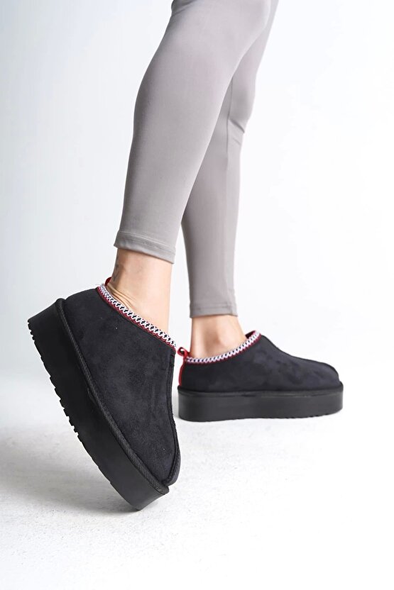 Leıla Bağcıksız Düz Ve Kalın Taban Içi Kürklü Kısa Süet Kadın Bot Sst - Siyah