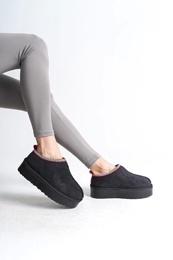 Leıla Bağcıksız Düz Ve Kalın Taban Içi Kürklü Kısa Süet Kadın Bot Sst - Siyah