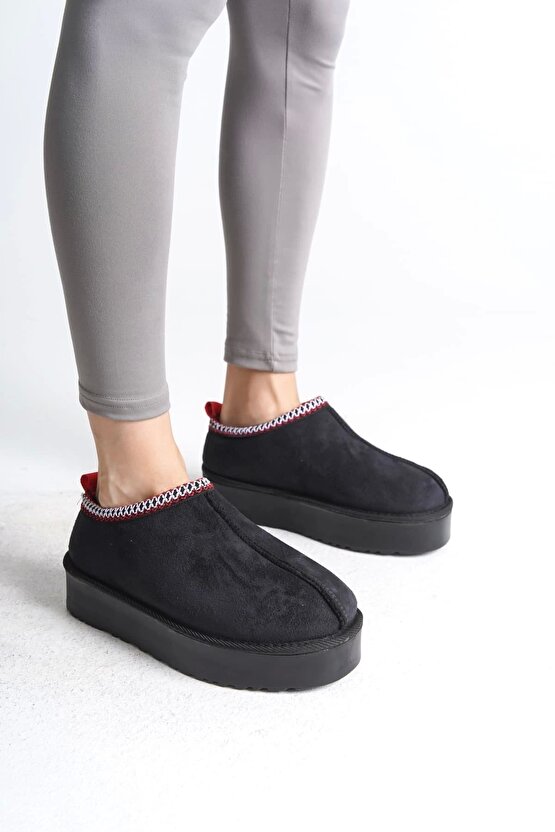 Leıla Bağcıksız Düz Ve Kalın Taban Içi Kürklü Kısa Süet Kadın Bot Sst - Siyah