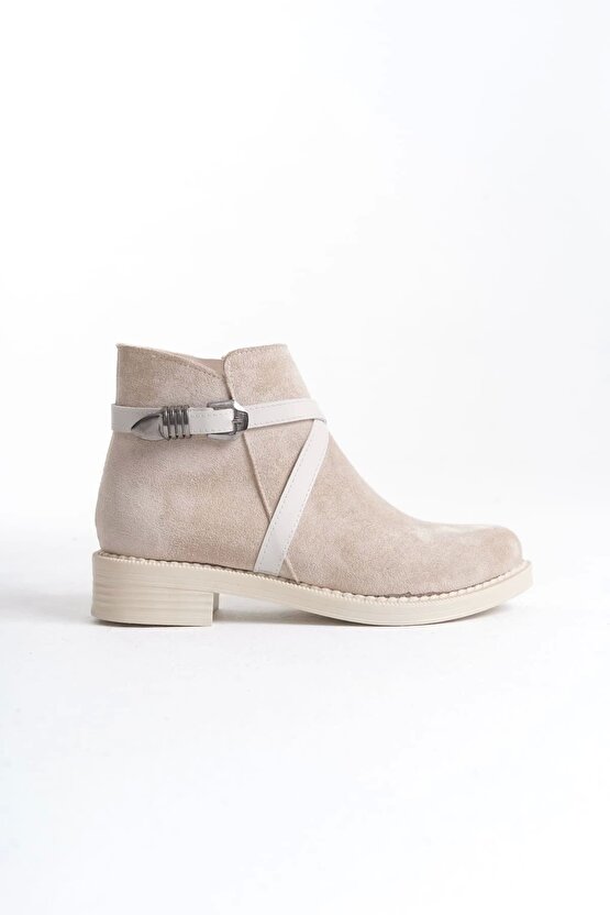 Almıla Fermuarlı Lastikli Ortopedik Taban Topuklu Süet Kadın Bot Tt - Ten