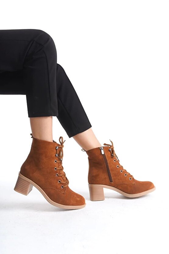 Lena Bağcıklı Fermuarlı Ortopedik Taban Topuklu Süet Kadın Bot Stt - Taba