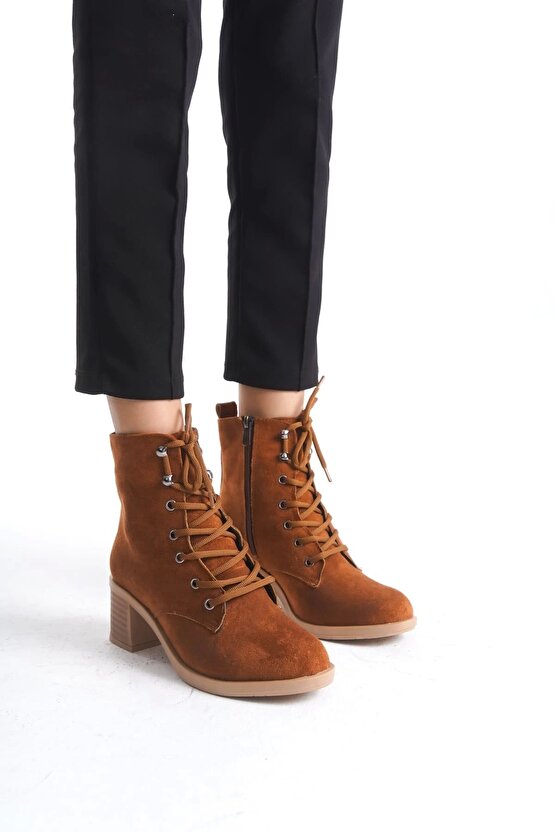 Lena Bağcıklı Fermuarlı Ortopedik Taban Topuklu Süet Kadın Bot Stt - Taba