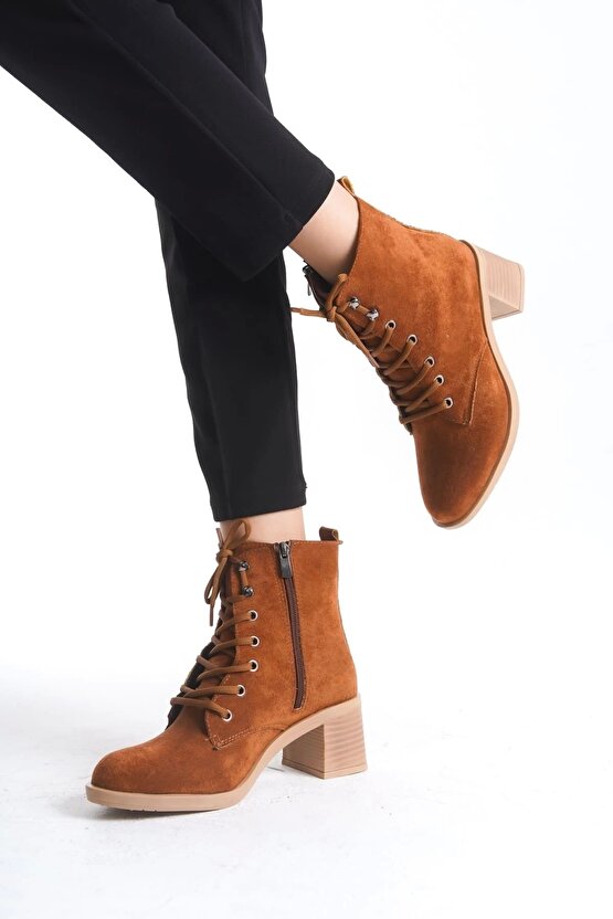 Lena Bağcıklı Fermuarlı Ortopedik Taban Topuklu Süet Kadın Bot Stt - Taba