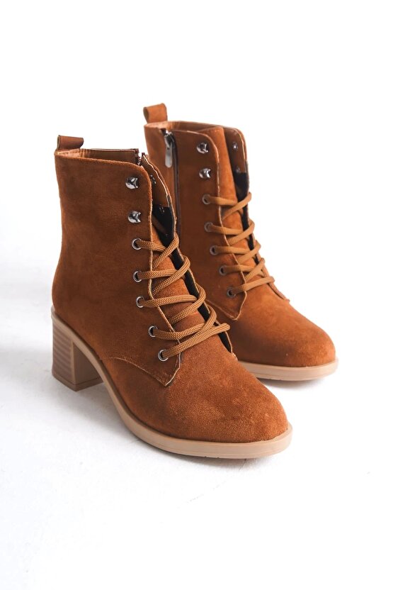 Lena Bağcıklı Fermuarlı Ortopedik Taban Topuklu Süet Kadın Bot Stt - Taba