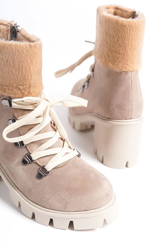 Emma Bağcıklı Fermuarlı Ortopedik Taban Topuklu Kürk Detaylı Süet Kadın Bot Stt - Ten