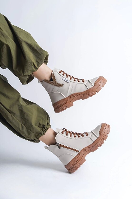 Amber Bağcıklı Fermuarlı Ortopedik Tabankadın Bot Ctt - Krem