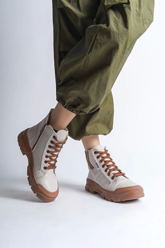 Amber Bağcıklı Fermuarlı Ortopedik Tabankadın Bot Ctt - Krem