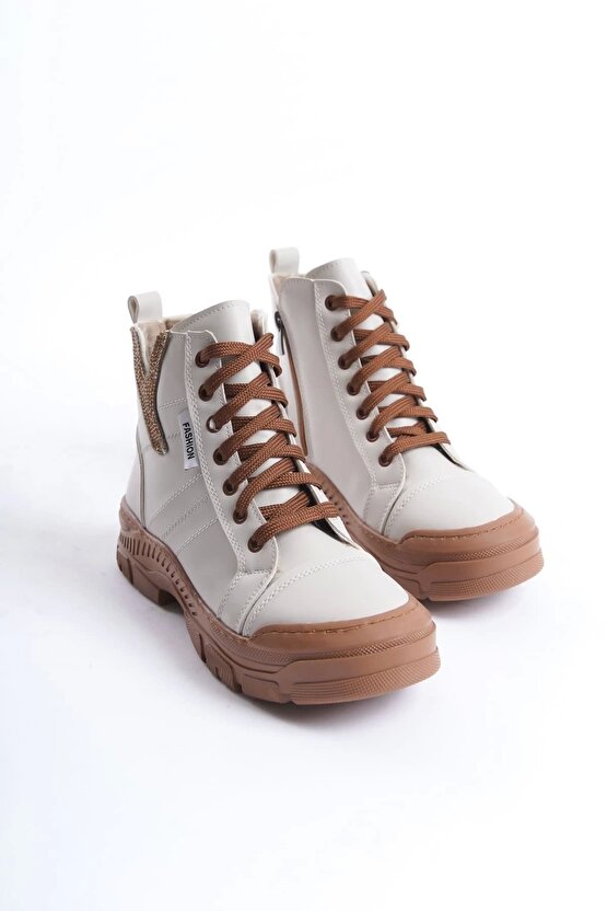 Amber Bağcıklı Fermuarlı Ortopedik Tabankadın Bot Ctt - Krem