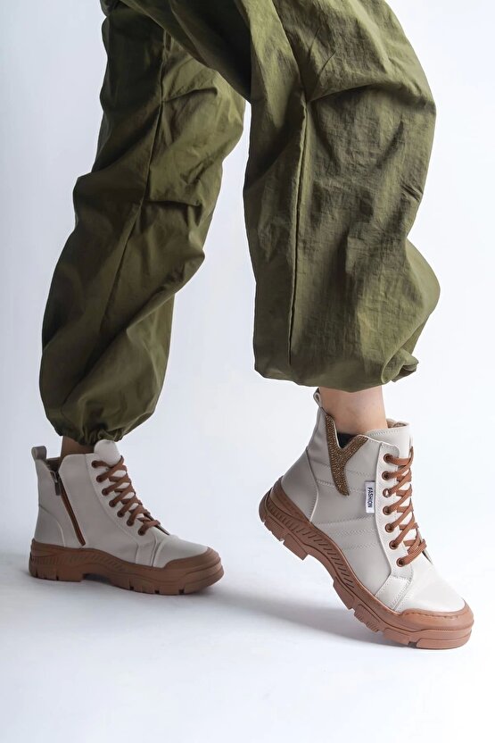 Amber Bağcıklı Fermuarlı Ortopedik Tabankadın Bot Ctt - Krem