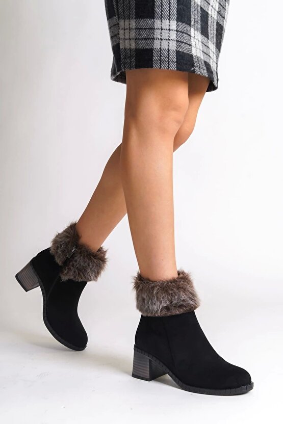 JULIA Fermuarlı Ortopedik Taban Tüylü Topuklu Süet Kadın Bot ST - Siyah