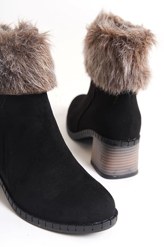 JULIA Fermuarlı Ortopedik Taban Tüylü Topuklu Süet Kadın Bot ST - Siyah