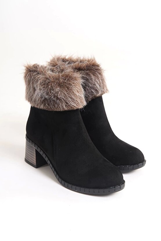 JULIA Fermuarlı Ortopedik Taban Tüylü Topuklu Süet Kadın Bot ST - Siyah