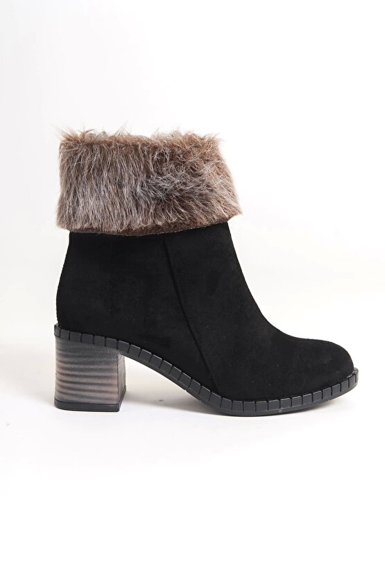 JULIA Fermuarlı Ortopedik Taban Tüylü Topuklu Süet Kadın Bot ST - Siyah