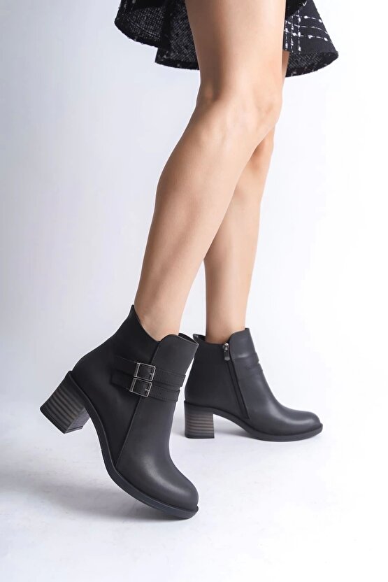 NOEMI Tokalı Fermuarlı Ortopedik Taban TopukluKadın Bot ST - Siyah