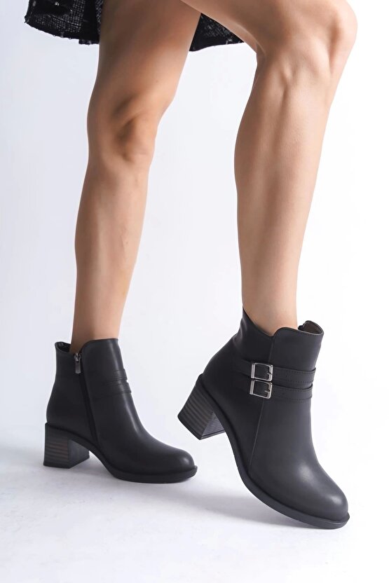 NOEMI Tokalı Fermuarlı Ortopedik Taban TopukluKadın Bot ST - Siyah