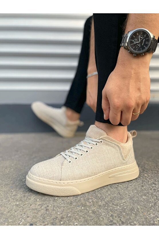 JY204 Flex Bağcıklı Keten Kumaş Erkek Günlük Sneaker Ayakkabı KKT - Krem