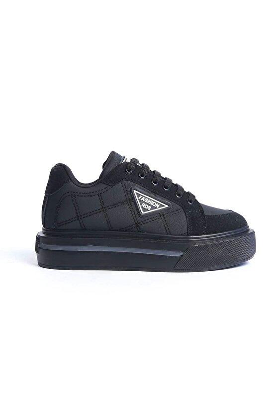 Prag Bağcıklı Ortopedik Taban Desenli Kadın Sneaker Spor Ayakkabı Cst - Siyah