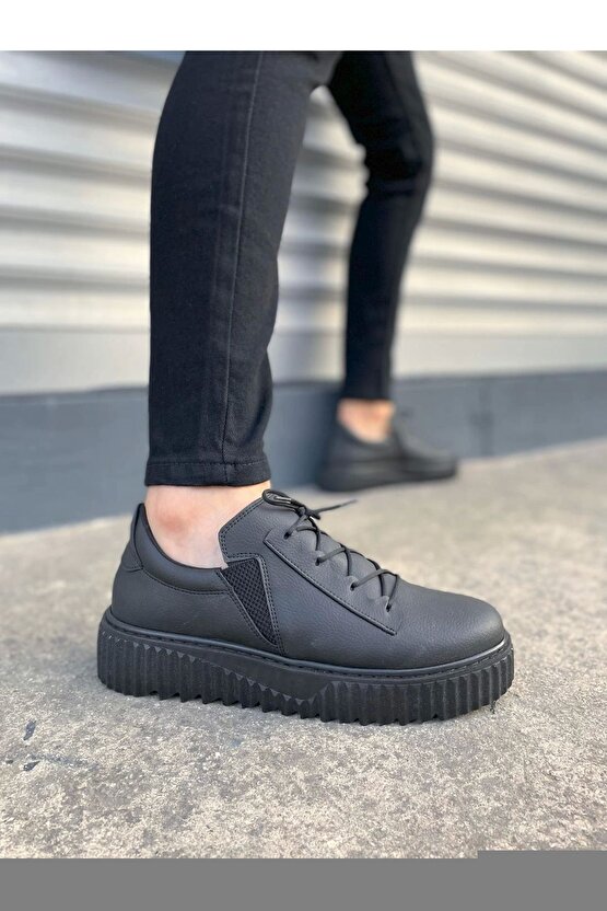 JY502 Bold Bağcıklı Cilt Erkek Günlük Sneaker Ayakkabı CST - Siyah