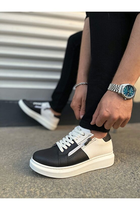 JY155 Warrior Bağcıklı ve Fermuarlı Cilt Erkek Günlük Sneaker Ayakkabı CBT - BeyazSiyah
