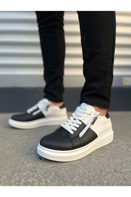 JY155 Warrior Bağcıklı ve Fermuarlı Cilt Erkek Günlük Sneaker Ayakkabı CBT - BeyazSiyah