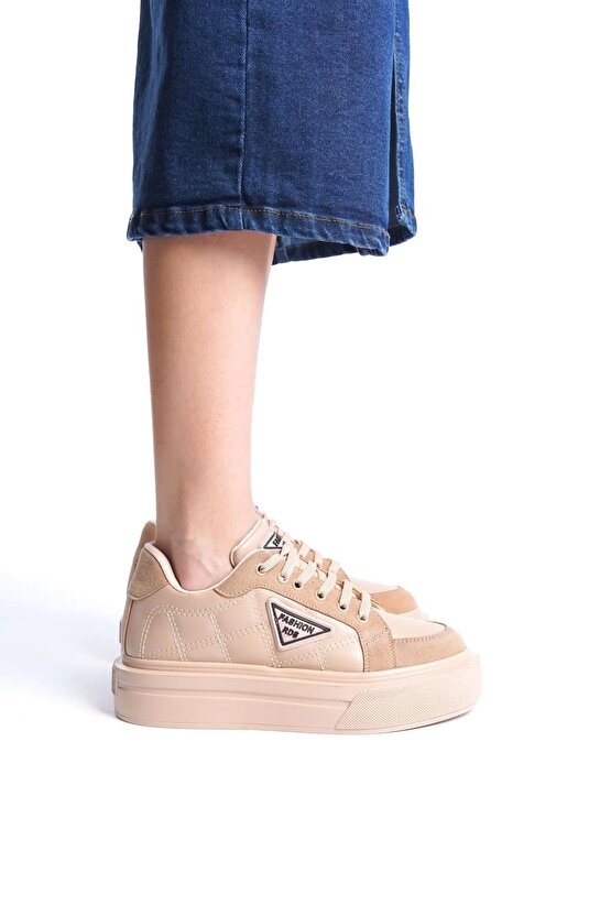 Prag Bağcıklı Ortopedik Taban Desenli Kadın Sneaker Spor Ayakkabı Ctt - Ten