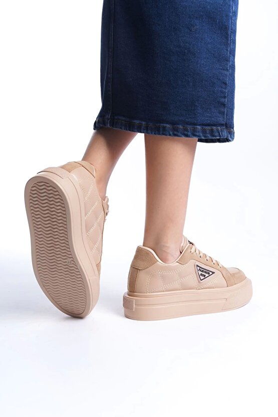 Prag Bağcıklı Ortopedik Taban Desenli Kadın Sneaker Spor Ayakkabı Ctt - Ten
