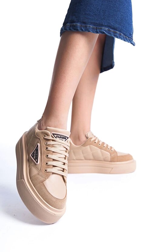 Prag Bağcıklı Ortopedik Taban Desenli Kadın Sneaker Spor Ayakkabı Ctt - Ten